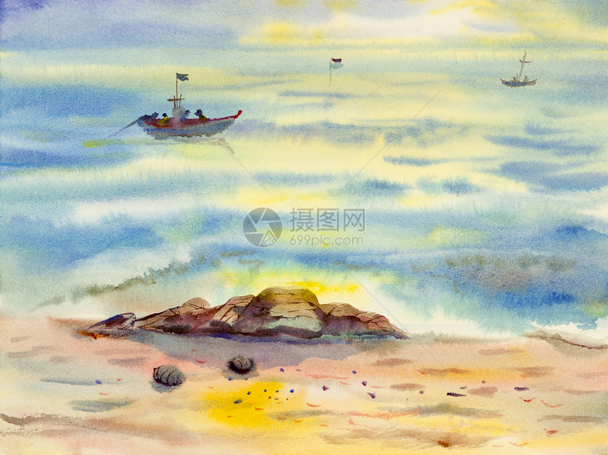 航海的地平线景水彩原始画由渔船家族的色彩多以黄光和天云底色反视水与情感热带图片