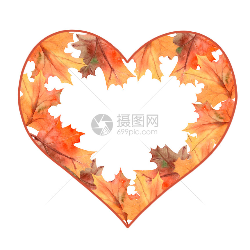 艺术水彩秋叶心形边框图片