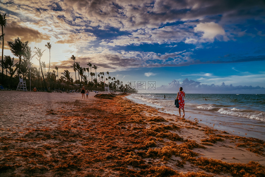 沿海旅游面上美丽的云彩日落射向海的空中视线日出射向大西洋海岸上空日出时的多彩乌云一名女孩在海滩上走过多米尼加美丽的夕阳巴瓦罗海滩图片