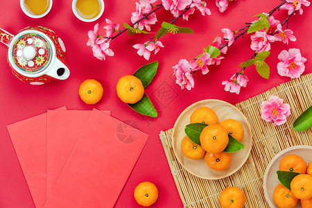 象征新年月历假日背景概念Flat是红橙色现代纸上盛开花朵的红橙色校对Portnoyunorg富有的配件传统的高清图片素材
