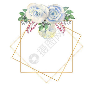 牌优质的插图蓝色玫瑰花绿叶金色几何框架中的浆果婚礼概念与鲜花用于装饰贺卡或请柬的水彩组合物蓝色玫瑰花金几何框架中的浆果与鲜花婚礼背景图片