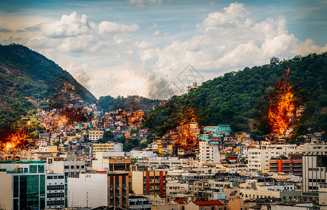 将可能发生的帮派争斗产火灾和烟雾用数字操纵来控制巴西里约热内卢贫民窟的贸易该贫民窟被称为巴西里约热内卢贫民区FavellasFi背景图片