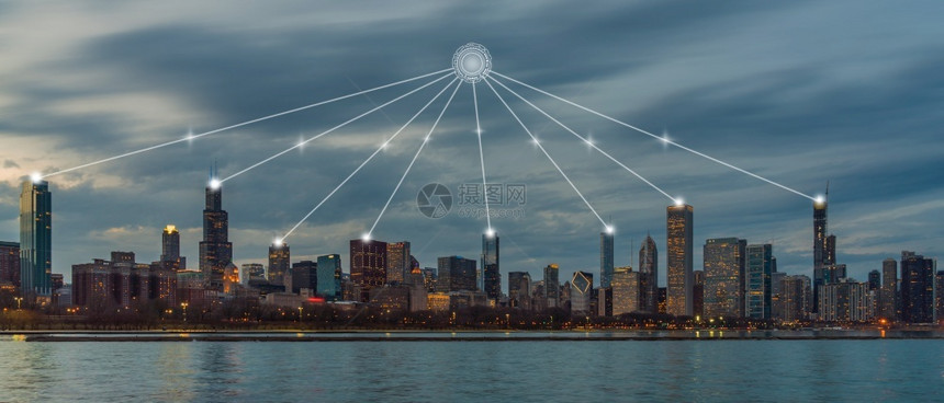 事物技术贡献中心通过芝加哥城市景观全建筑与旅游数字据计算机通信和物联网概念之间的连接线地标运输图片
