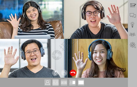 网络研讨会亚洲商界人士在视频电话会议屏幕上与团队同事打招呼当时Covid19大流行病科罗纳毒爆发在线会议社动荡和新常态概念等情况背景图片