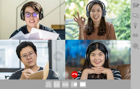 亚洲商界人士在Covid19大流行病科罗纳毒爆发在线会议社不和新的正常概念时通过视频电话会议屏幕与团队同事讨论和会晤电视话会议什背景图片
