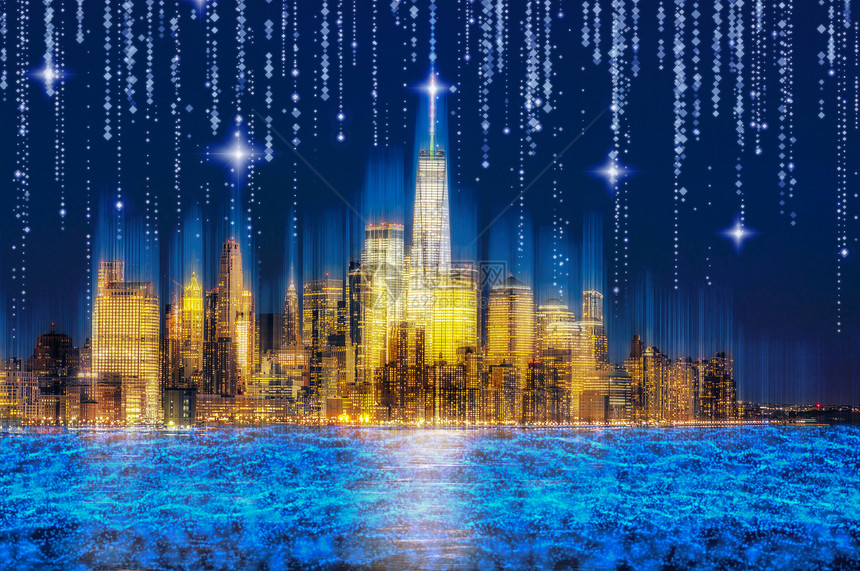 智能城市科技与纽约河边的连接美国黄昏时间从新泽西来路Cyberpunk颜色调子技术网络和连接概念虚拟现实职业沟通图片