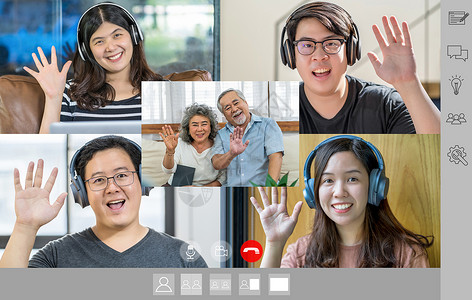 时间亚洲商界人士在Covid19大流行社会动荡与新常态概念发生时用手机视频电话会议屏幕向团队同事和夫妇祖父母打声问候校对Port背景图片
