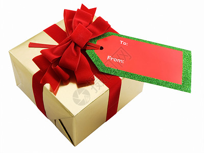 圣诞礼物礼物红色金子标签丝带展示白色背景图片