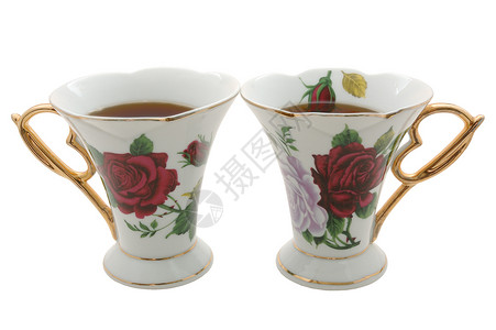 两个老中国茶杯绿色款待杯子玫瑰仪式会议稀有性棕色红色白色背景图片