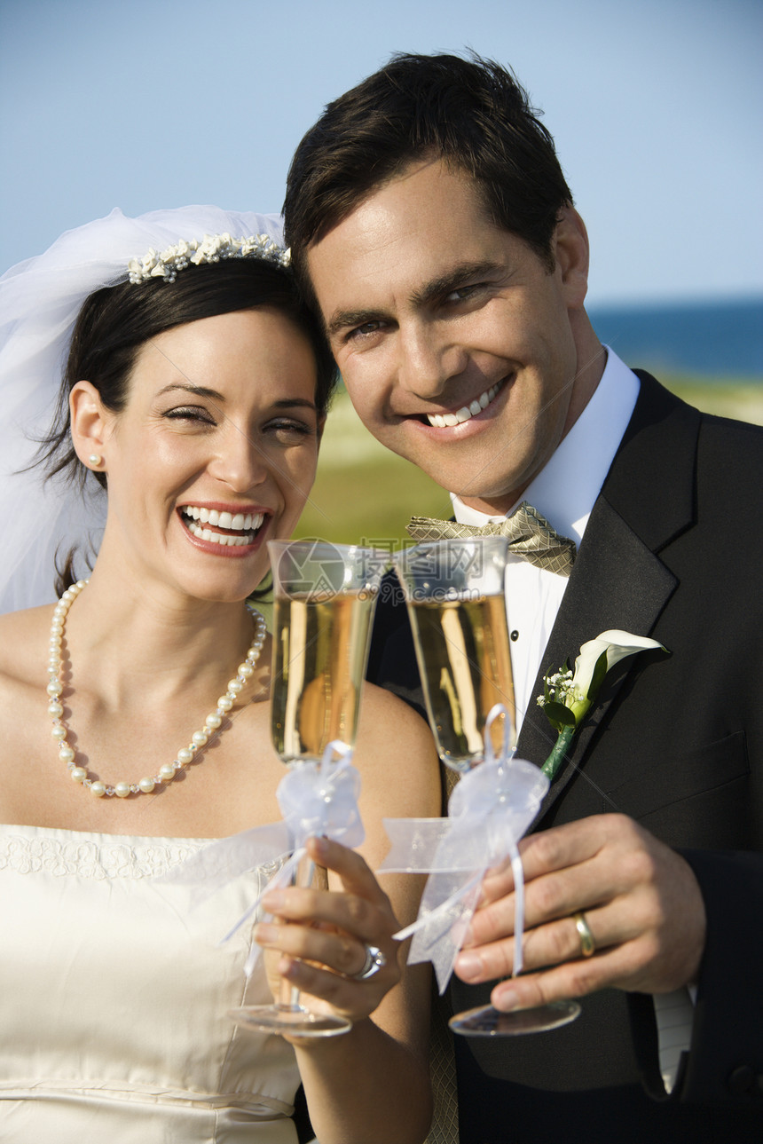 新娘和新郎敬酒眼神夫妻照片支撑微笑婚姻海岸男子女性马夫图片