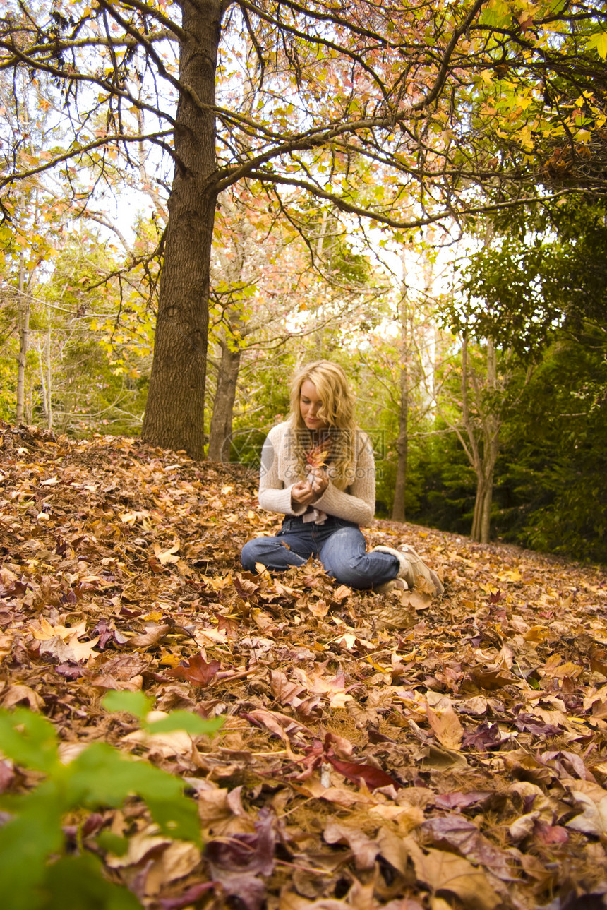 秋季秋季国家女士乐趣分支机构青少年金发女郎女孩化妆品树叶姿势图片