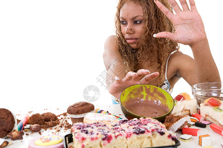 拒绝给予多样性悲伤营养减肥暴饮暴食贪食症蛋糕女性体重卷发背景图片