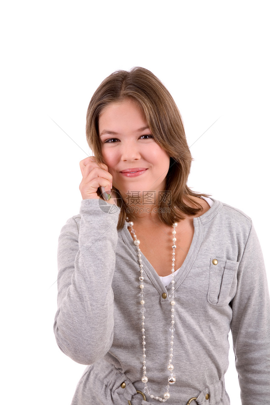打电话幸福讲话青年青少年手机黑发电话微笑女孩们青春期图片