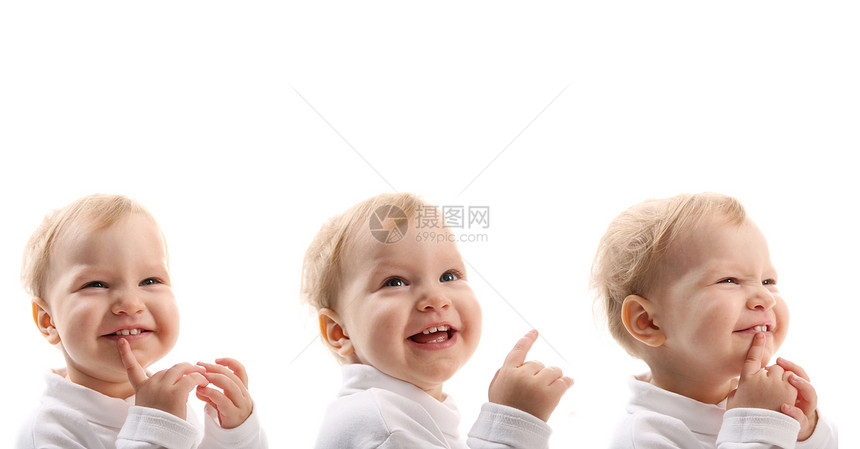 婴孩婴儿微笑孩子家庭眼睛几个月女孩们新生快乐好奇心白色图片