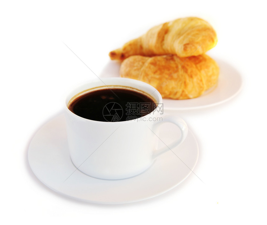 咖啡和羊角面包盘子食物餐厅黑色酿造甜点饮料早餐糕点杯子图片