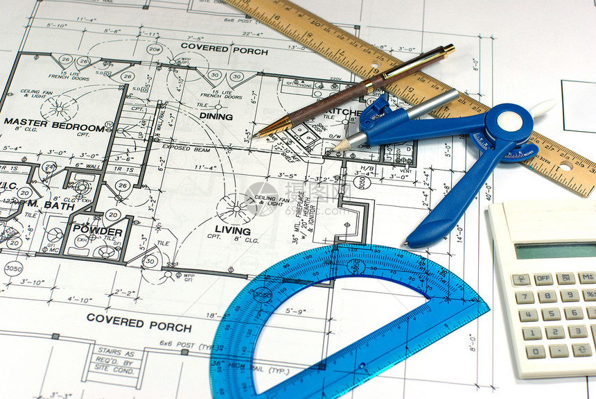 下楼规划地面蓝色计算器草稿房子测量罗盘打印统治者图片