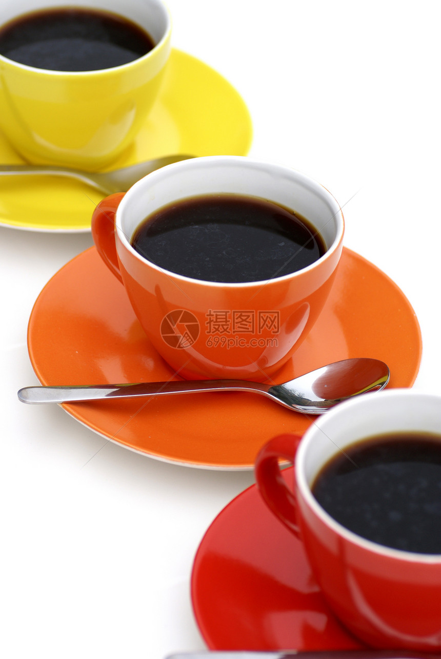 咖啡时间茶具对角线红色宏观碟子飞碟橙子黄色勺子黑色图片
