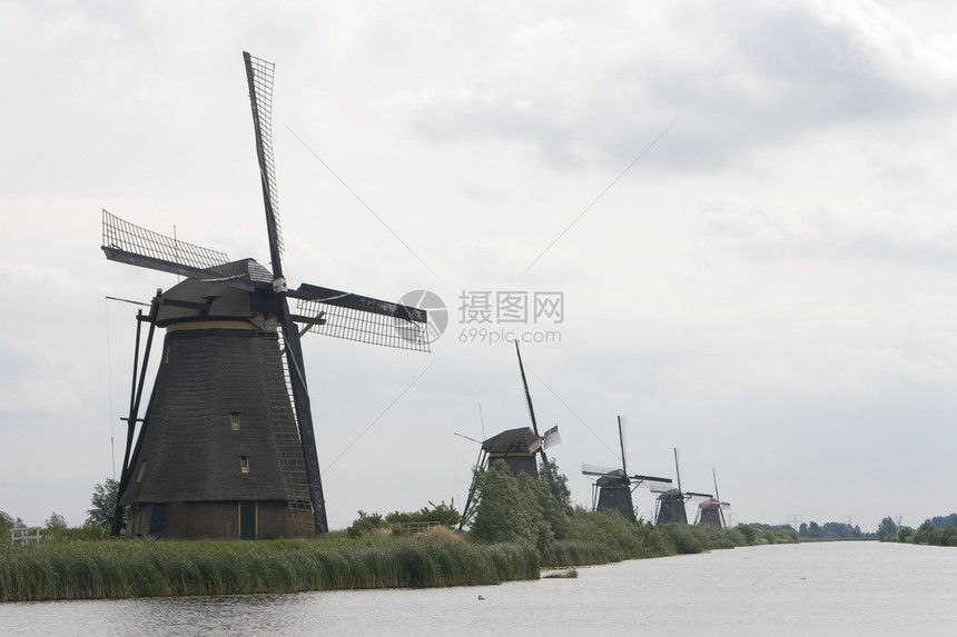 排成一行的荷兰风车小孩旅行农业旅游堤防图片