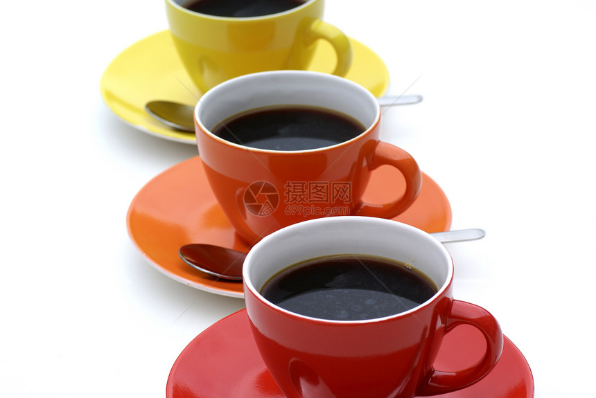 来杯咖啡碟子白色黑色茶具宏观红色勺子黄色飞碟橙子图片