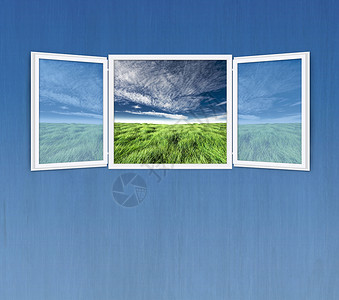 蓝墙上的开放窗口自由概念高清图片