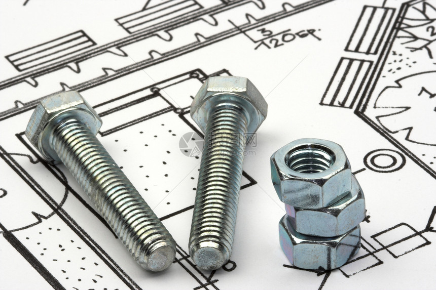 螺和螺栓连接器宏观白色坚果工具合金机械硬件草图金属图片