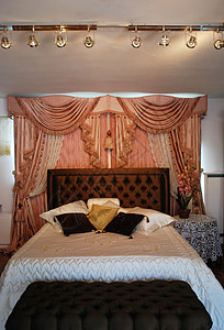 卧室内部优雅房子住宅图案装饰窗帘结构花卉酒店寝具背景图片