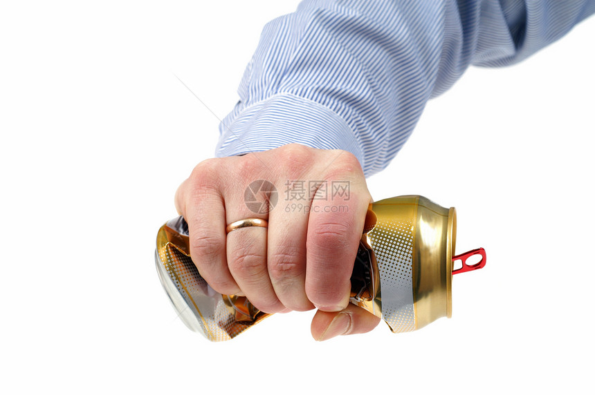 粉碎啤酒罐白色手指力量愤怒活力手臂图片
