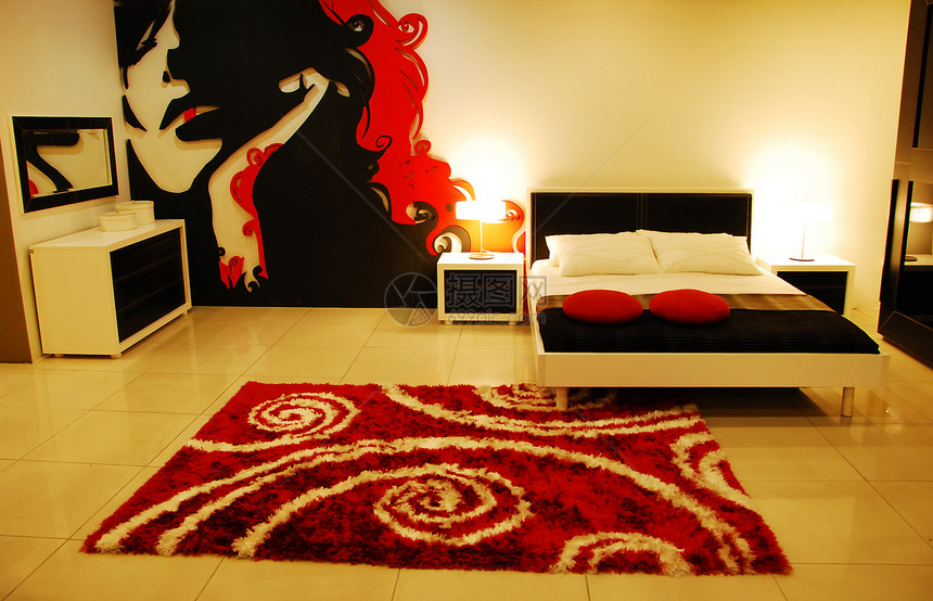 红色的豪华卧室阴影睡眠装饰家居风格玻璃白色住宅小区花瓶黑色图片
