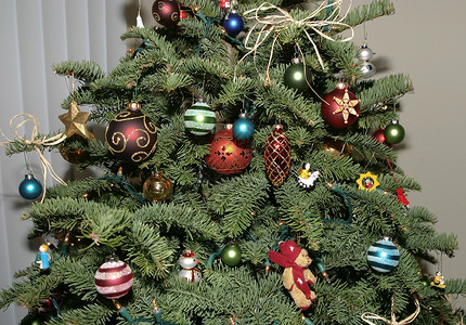 圣诞树圆形玩具陶瓷装饰品雪花球形水果数字手杖玻璃背景图片