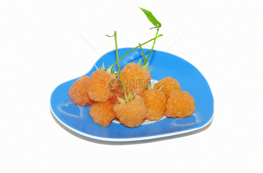 黄草莓叶子蓝色水果白色浆果黄色食物盘子覆盆子甜点图片