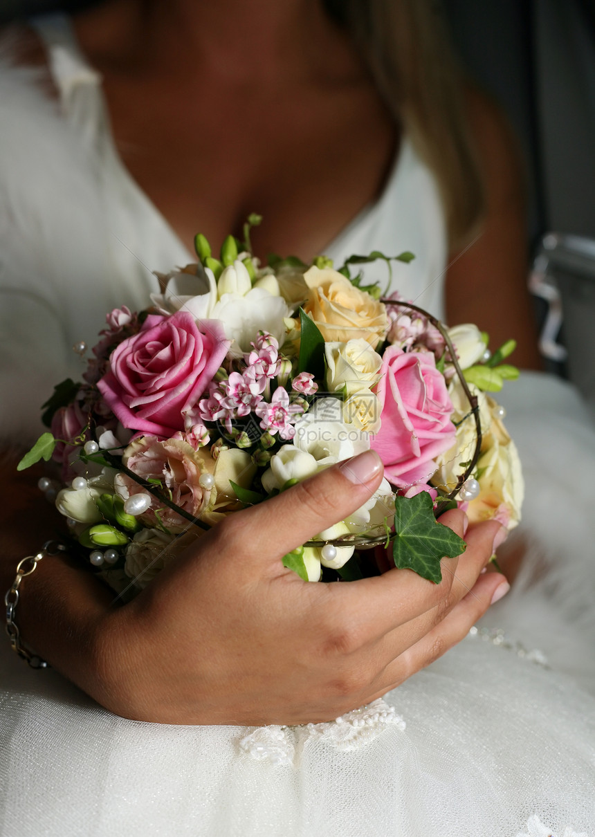婚礼花束戒指传统已婚新娘磁带婚姻花店玫瑰粉色家庭图片