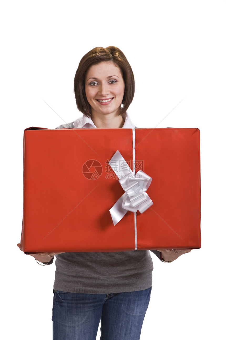 带红礼盒的女人盒子女士客户幸福青少年红色顾客奢侈礼物牛仔裤图片