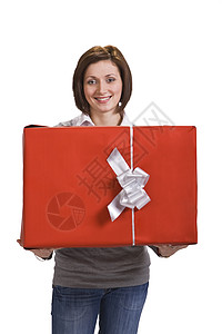 带红礼盒的女人盒子女士客户幸福青少年红色顾客奢侈礼物牛仔裤背景图片