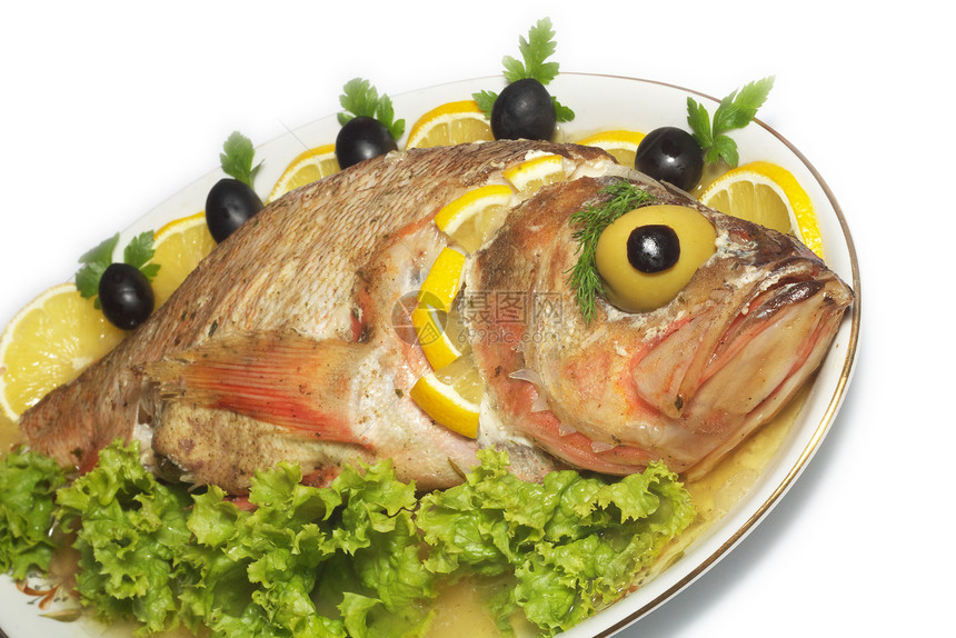 孤立的烤鱼油炸海鲜鱼片用餐食物香菜午餐低音柠檬白色图片