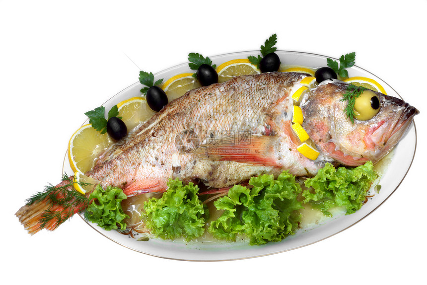 孤立的烤鱼用餐厨房油炸白色香菜美食午餐海鲜柠檬餐厅图片