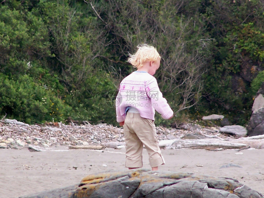 海滩上的宝宝小孩子金发海岸浮木孩子图片