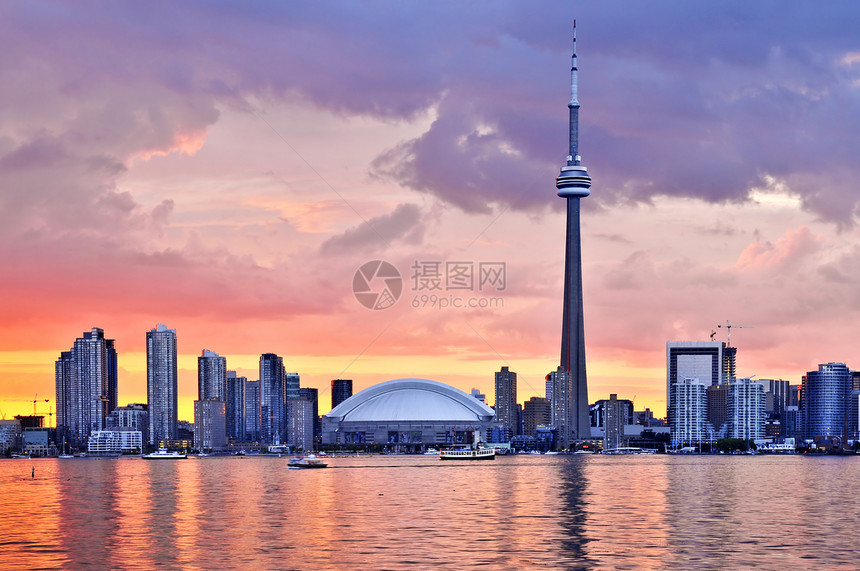 多伦多天线风景建筑物摩天大楼日落港口天空高楼城市化建筑中心图片