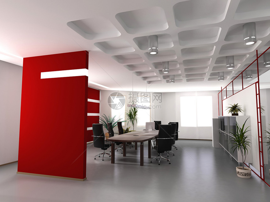 现代办公室内桌子会议房子办公桌企业工作展示电脑老板红色图片