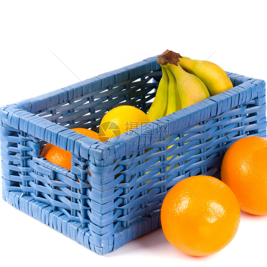 带水果的蓝篮子营养黄色香蕉橙子植物食物蓝色柠檬白色图片