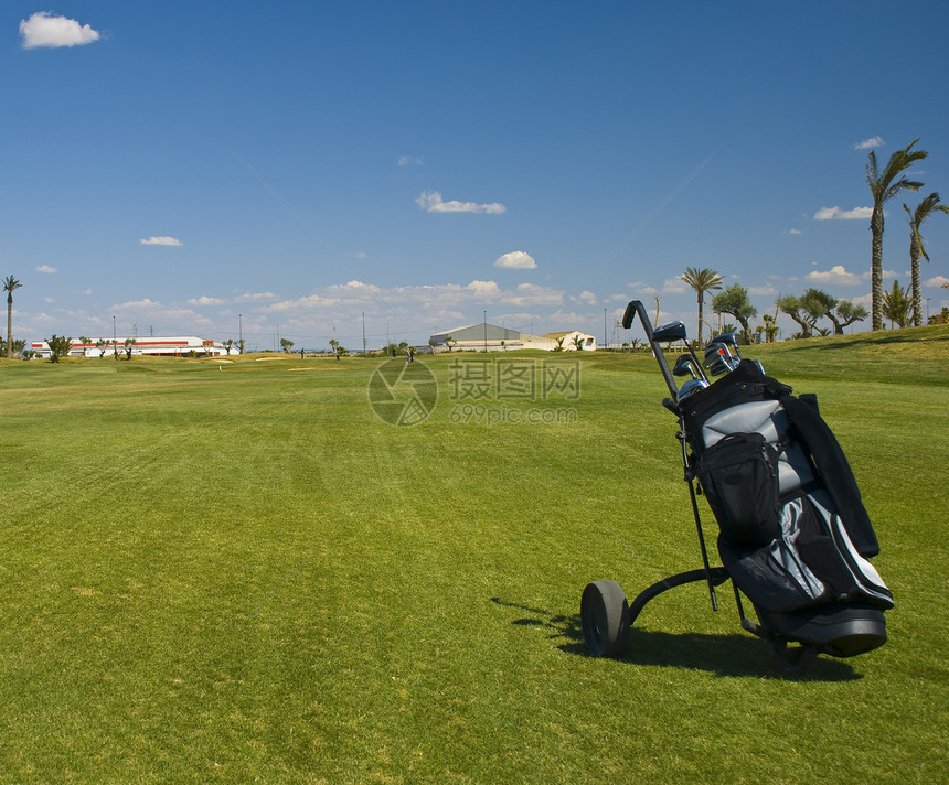 高尔夫推车运动娱乐俱乐部日光场地大车晴天天空手掌蓝色图片