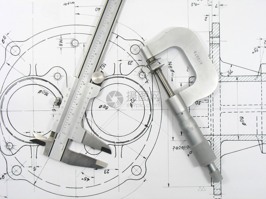 技术图纸上的卡利帕和微米计蓝图游标千分尺卡尺工具项目工程测量设计力学图片