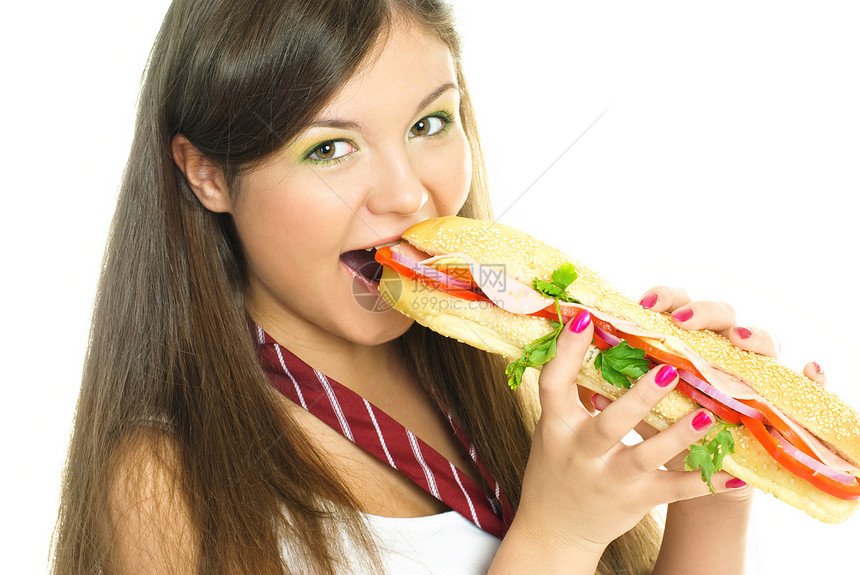 吃热狗的漂亮女孩营养饥饿包子青少年女士喜悦女孩饮食女性午餐图片