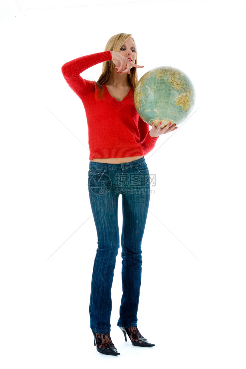 带着地球的年轻妇女商务远足人士旅游旅行女孩白色图片