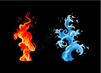 火水火与水映体液体绘画蓝色飞溅篝火程式化活力漩涡插图设计图片