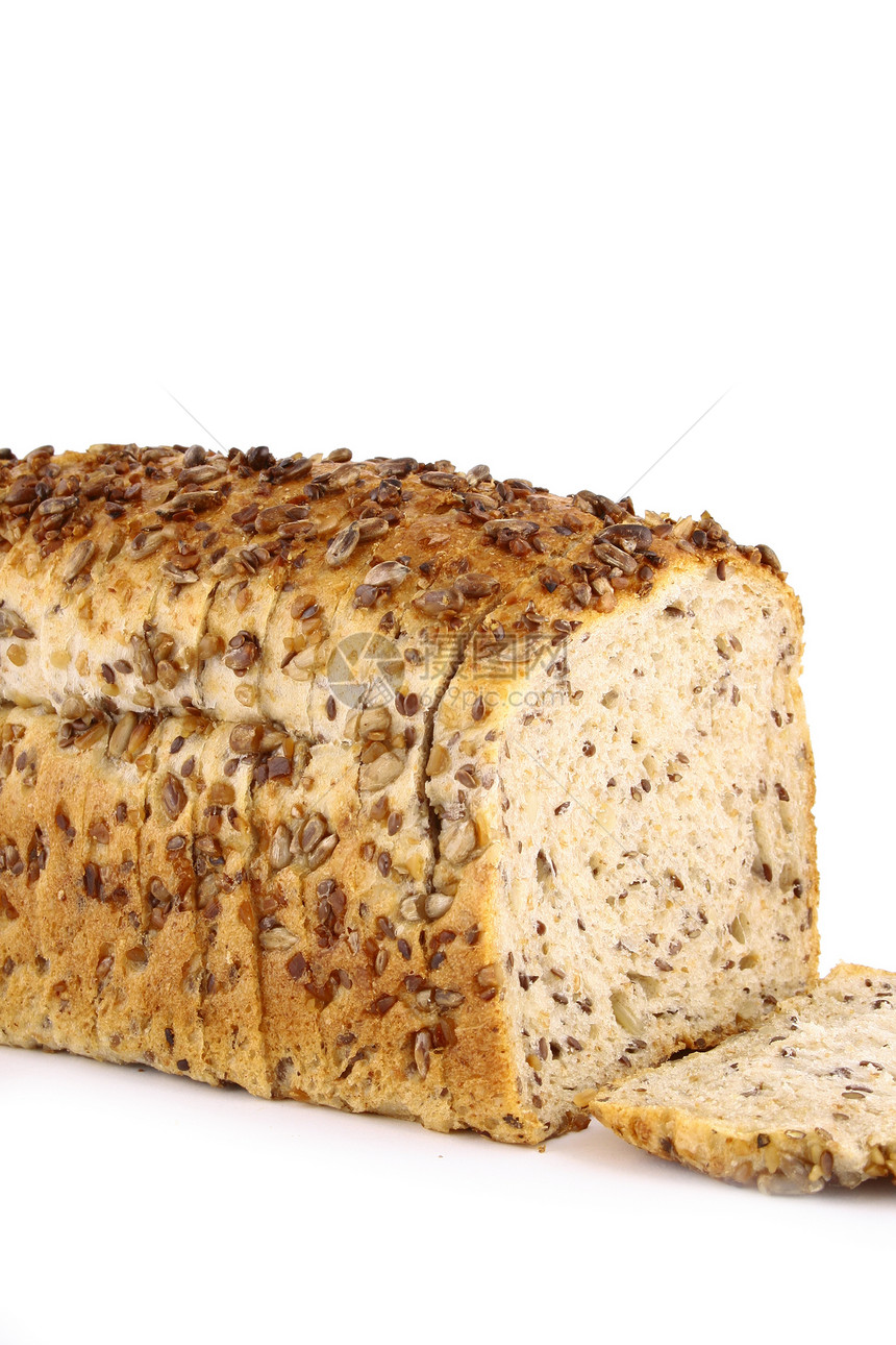 白色背景上孤立的灰色面包条细节食物种子粮食棕色面粉面团脆皮小麦向日葵硬皮图片