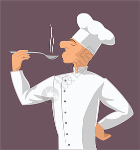 长柄厨勺汤勺子厨煮饭勺子食物厨师男性成人烹饪外套美食餐厅帽子插画