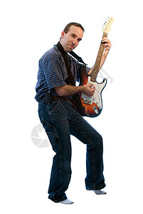 玩吉他游戏吉他手岩石明星玩家音乐男性独奏白色牛仔裤摇滚背景图片