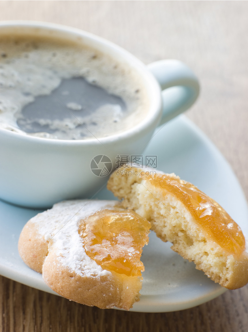 使用 Espresso 的饼干热咖啡饮料视图糖粉咖啡系列食品摄影影棚图片