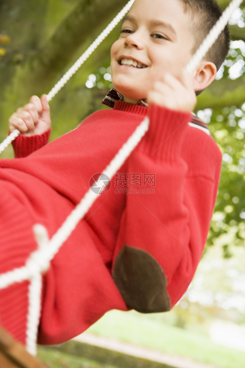 树上野外的年轻男孩笑着摇摆视图孩子花园轮廓孩子们公园焦距青春期男生幸福图片
