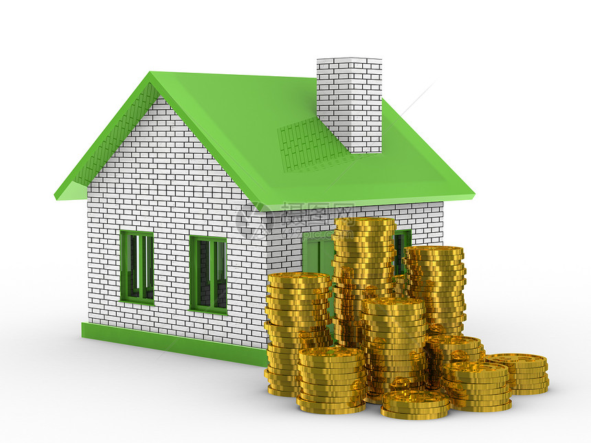 小房子和白背景现金 孤立的 3D 图像金融预报住宅零售住房建筑销售小屋利润商业图片